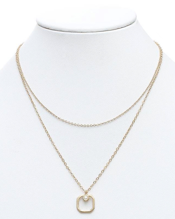 GEOMETRIC PATTERN AND PEARL PENDANT DOUBLE LAYER NECKLACE