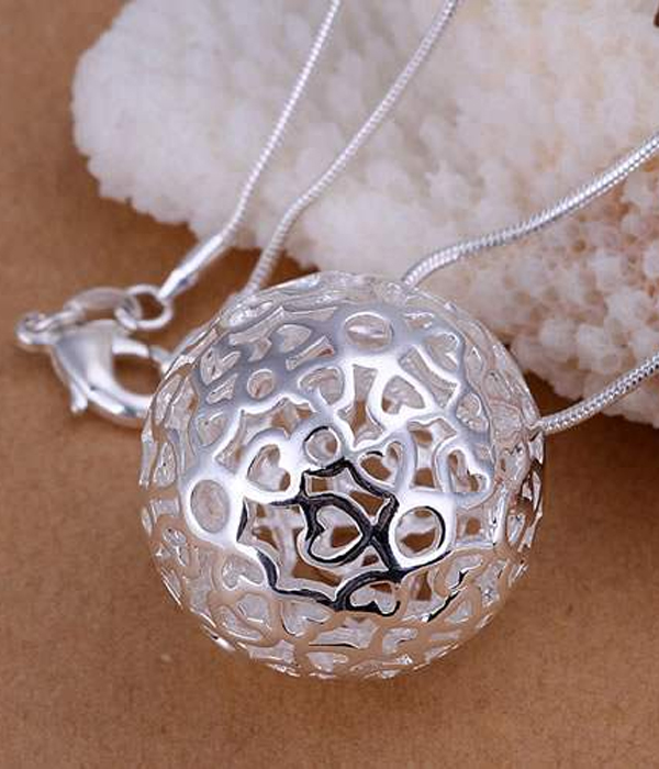 925 STERLING SILVER PLATING FILIGREE BALL PENDANT NECKLACE