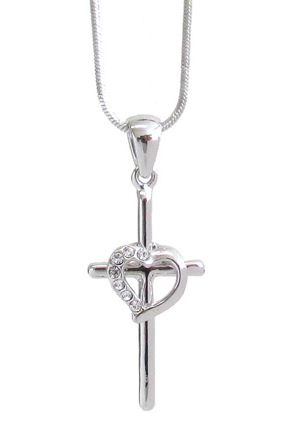 MADE IN KOREA WHITEGOLD PLATING CRYSTAL CROSS AND HEART PENDANT NECKLACE-VALEN