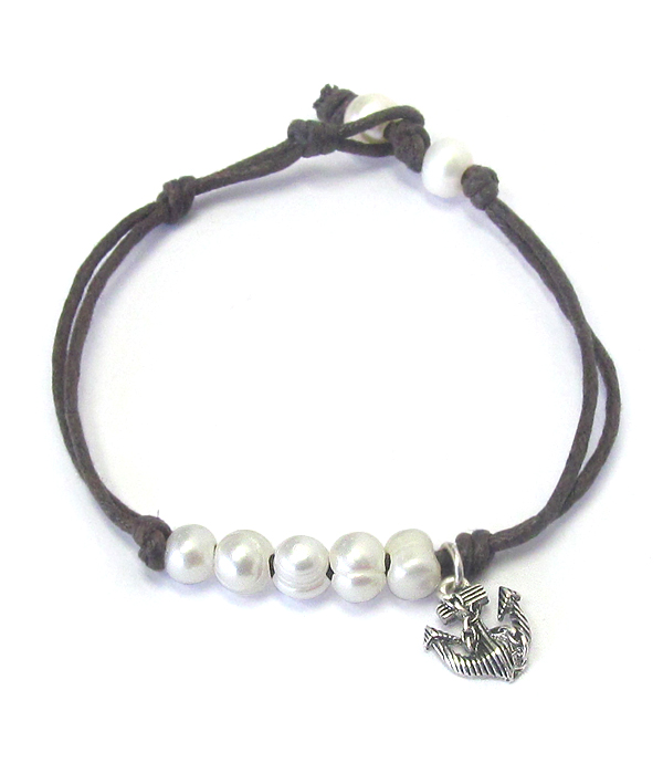ANCHOR CHARM FRESH WATER PEARL CORD LINK BRACELET