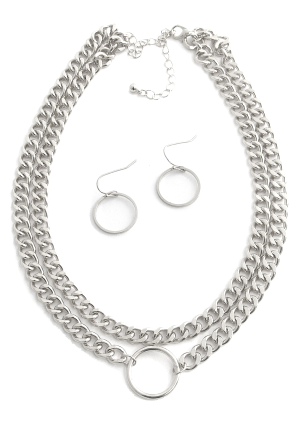 RING PENDANT DOUBLE LAYER CHUNKY METAL CHAIN NECKLACE SET