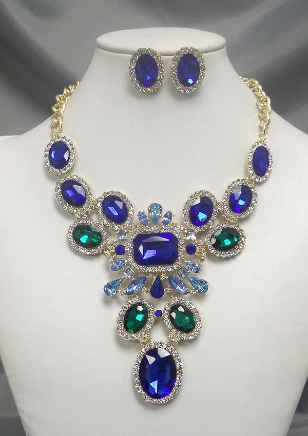 LUXURY CLASS VICTORIAN STYLE AND AUSTRIAN CRYSTAL AND FACET GLASS DECO DROP PARTY BIB NECKLACE EARRING SET
