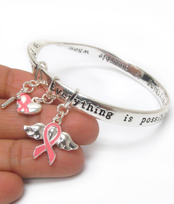 PINK RIBBON CHARM TWIST BANGLE BRACELET - EVERYTHING IS POSSIBLE WHEN YOU HAVE FAITH
