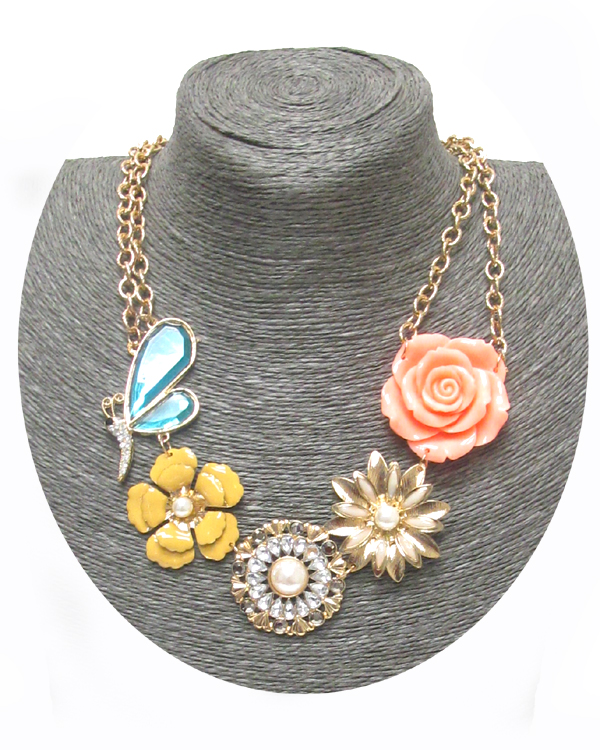 VINTAGE FLOWERS AND BUGS LINKED NECKLACE