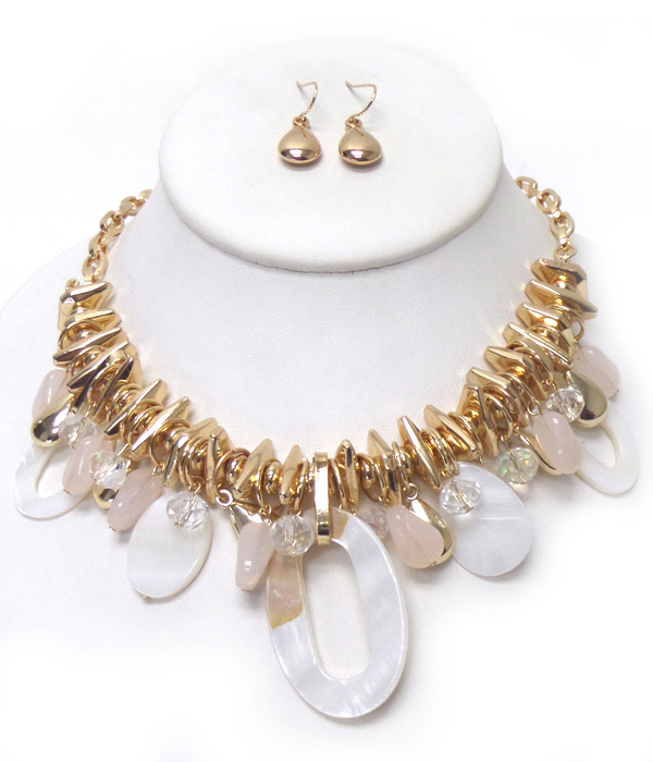 POLISHED SHELL DISK DROP WITH METAL RINGS NECKLACE SET