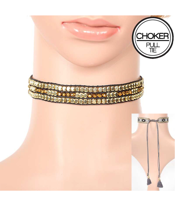 METAL AND GLASS BEAD MIX TASSEL PULL TIE CHOKER NECKLACE