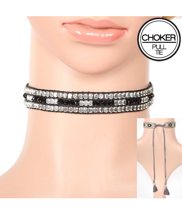 METAL AND GLASS BEAD MIX TASSEL PULL TIE CHOKER NECKLACE