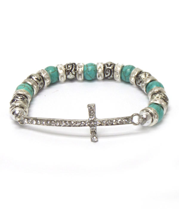 CRYSTAL CROSS AND TURQUOISE AND RONDELLE STRETCH BRACELET
