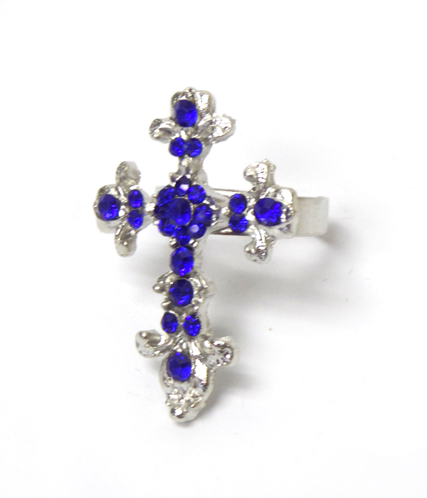 METAL TEXTURED CROSS WITH CRYSTALS RING 