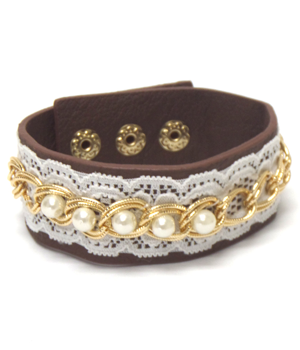 PEARLS AND LACE LEATHER TYPE BRACELET 