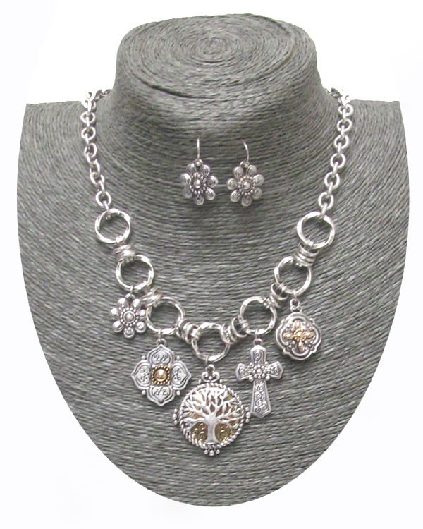 MULTI TEXTURED CROSS AND TREE CHARM CHAIN NECKLACE SET 
