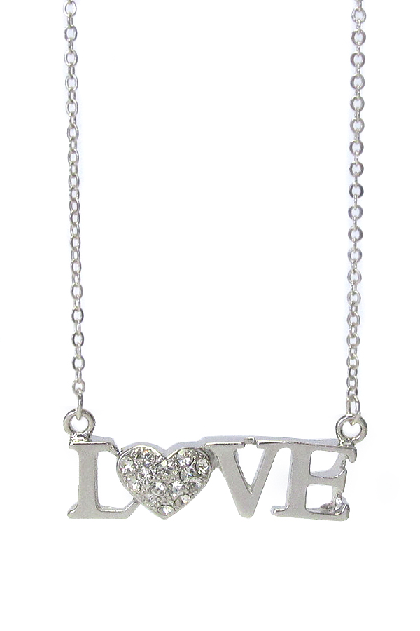 WHITEGOLD PLATING CRYSTAL STUD HEART AND LOVE CHAIN TIED NECKLACE -valentine