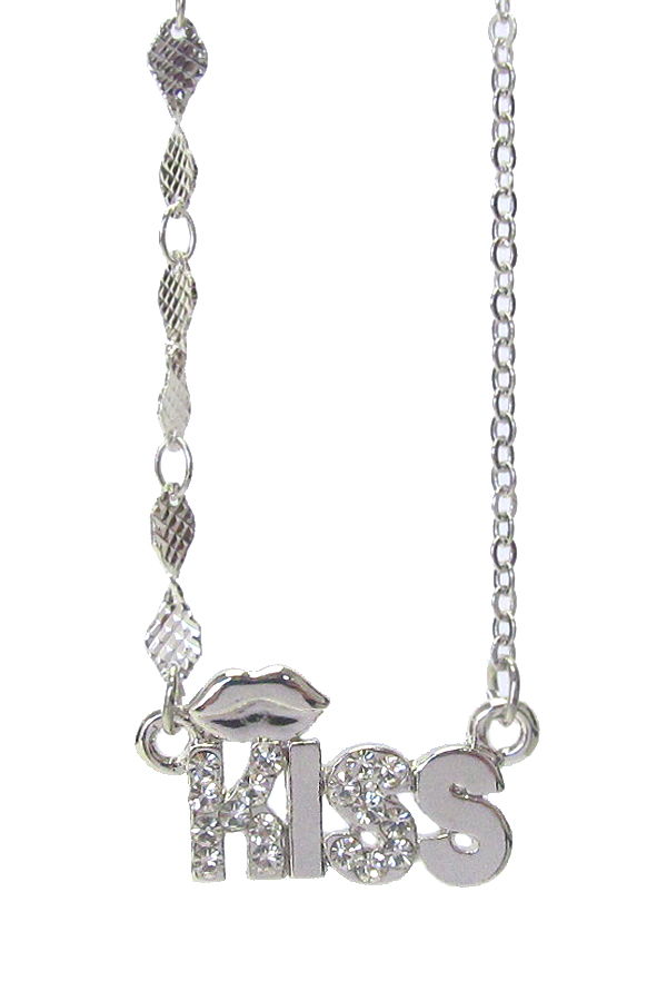 WHITEGOLD PLATING AND CRYSTAL DECO LIP AND KISS PENDANT NECKLACE -valentine