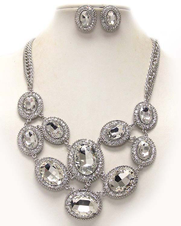 LUXURY AUSTIRIAN CRYSTAL DECO OVAL FACET GLASS STONE PARTY NECKLACE EARRING SET