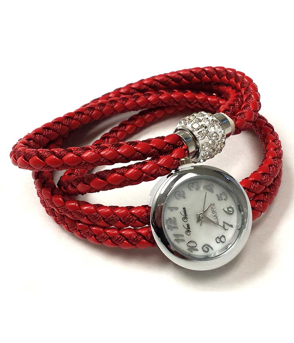 BRAIDED LEATHER CORD AND CRYSTAL DECO MAGNETIC CLASP WRAP BAND WATCH
