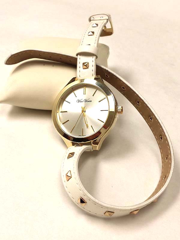 METAL STUD LEATHER WRAP BAND WATCH