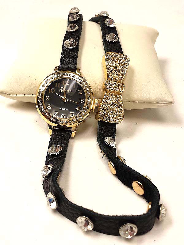 BOW ACCENT CRYSTAL STUD LEATHER WRAP BAND WATCH