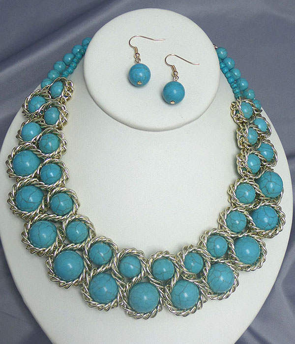 MULTI TURQUOISE AND METAL CHAIN LINK NECKLACE EARRING SET