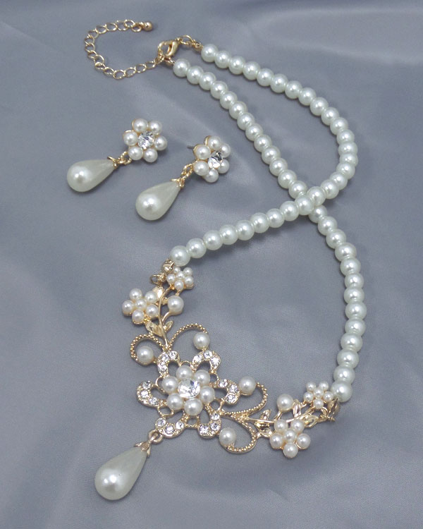 MULTI CRYSTAL AND PEARL CHAIN NECKLACE EARRING SET