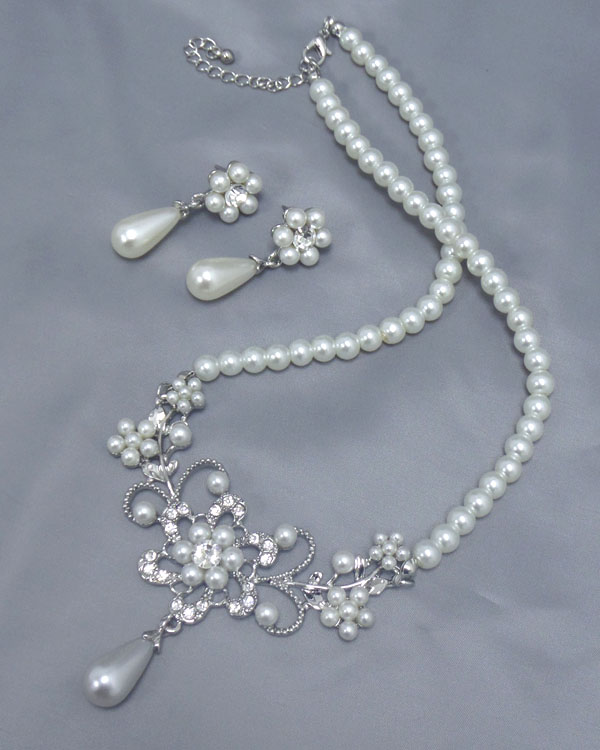 MULTI CRYSTAL AND PEARL CHAIN NECKLACE EARRING SET