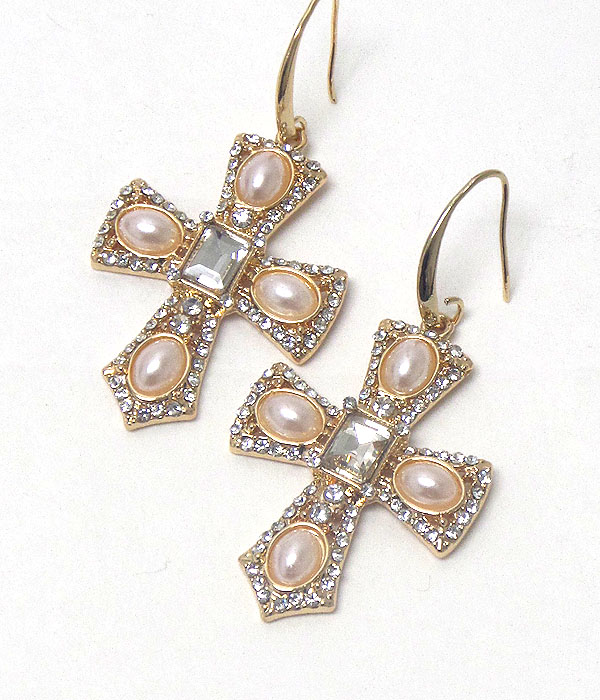 CRYSTAL AND PEARL CROSS EARRING