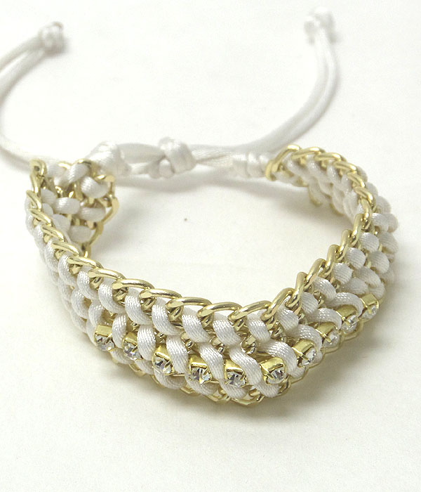 CRYSTAL ACCENT METAL CHAIN AND FABRIC CORD WOVEN FRIENDSHIP BRACELET