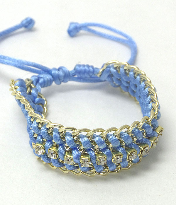 CRYSTAL ACCENT METAL CHAIN AND FABRIC CORD WOVEN FRIENDSHIP BRACELET