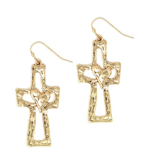 TEXTURED METAL CROSS AND HEART EARRING