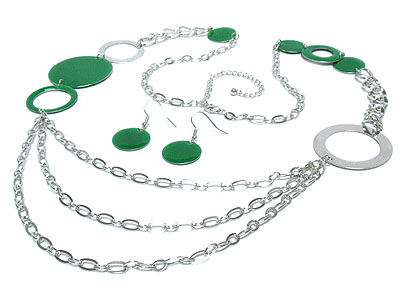 ACRYL DISK AND METAL CHAIN LINK LONG NECKLACE AND EARRING SET
