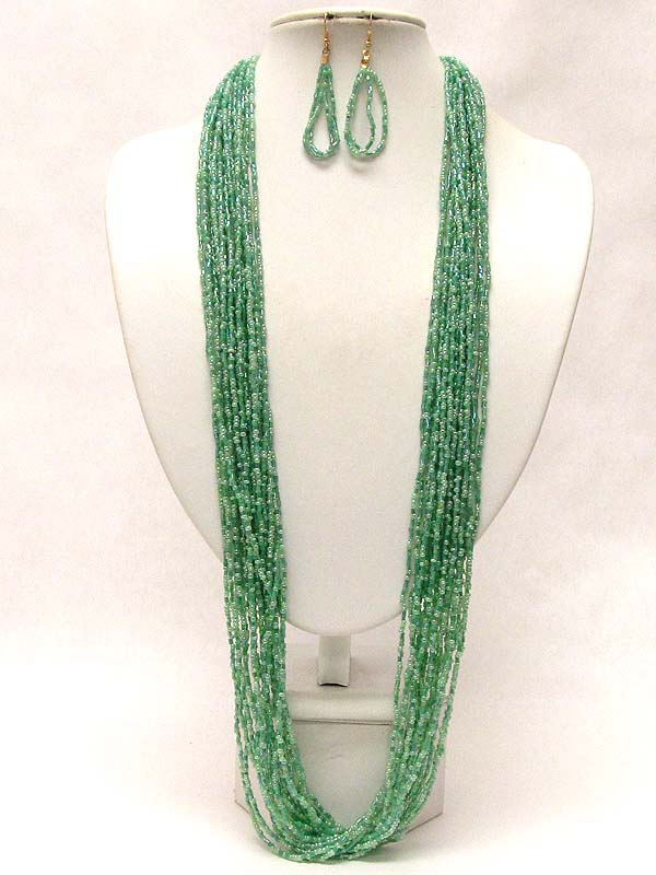 MULTI LAYER SEED BEADS DROP LONG NECKLACE EARRING SET