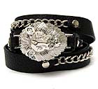 MULTI RIHANNA STYLE METAL TEXTURED LION HEAD AND METAL CHAIN LEATHERETTE WRAP BRACELET