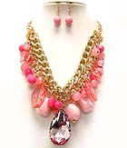 CRYSTAL TEAR DROP AND MIXED BEADS AND ACRYL BALLS DROP DOUBLE CHAIN NECKLACE EARRING SET