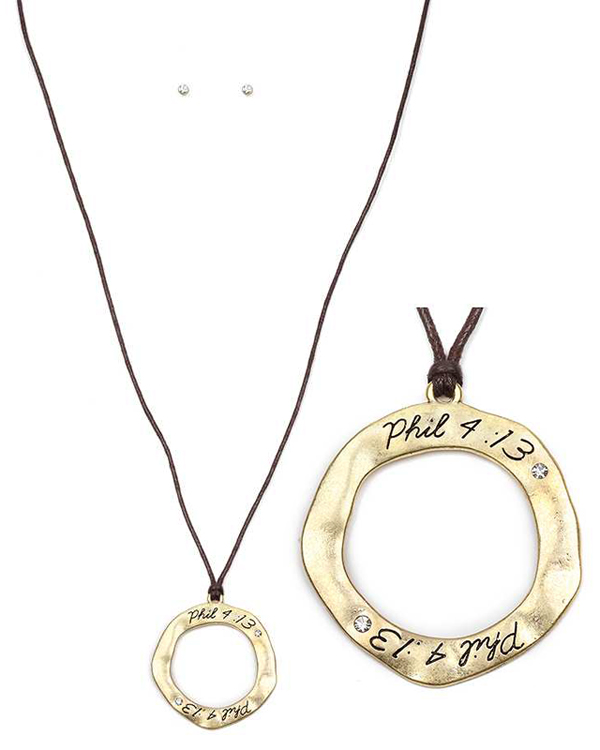 RELIGIOUS INSPIRATION ORGANIC ROUND PENDANT AND WAX CORD LONG NECKLACE SET - PHIL 4:13