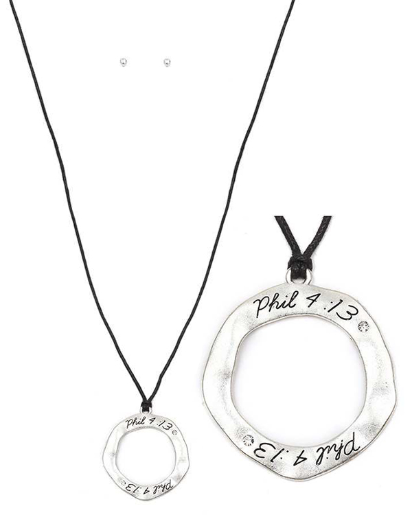RELIGIOUS INSPIRATION ORGANIC ROUND PENDANT AND WAX CORD LONG NECKLACE SET - PHIL 4:13