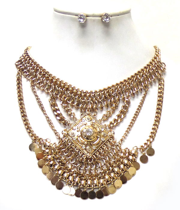 BAROQUE STYLE MULTI LAYER CHAIN WITH SMAL DISKS DROP NCKLACE SET