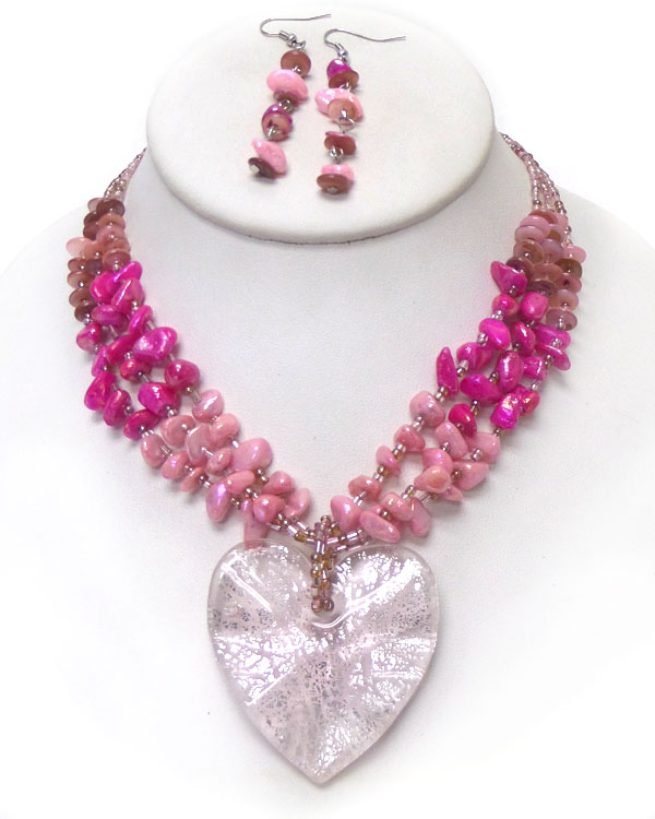 MURANO GLASS HEART PENDANT AND CHIP STONE NECKLACE SET