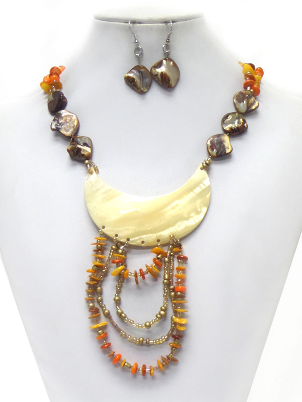 SHELL PENDANT AND CHIP STONE DROP NECKLACE SET