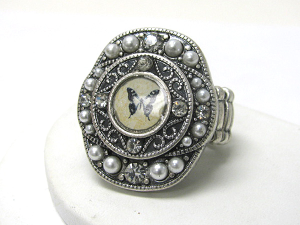 RETRO VINTAGE PEARL STUD BUTTERFLY PICTURE STRETCH RING
