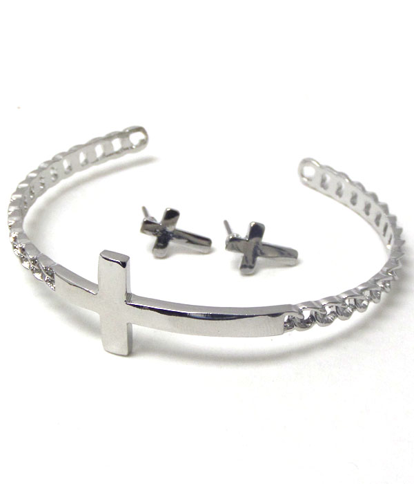 METAL CROSS AND ADJUSTABLE CHAIN CUFF BRACELET AND EARRING SET