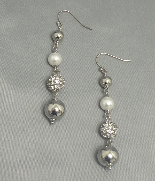 CRYSTAL AND METAL BALL AND PEARL DROP EARRING