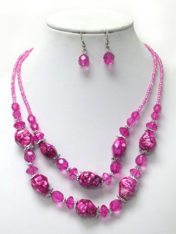 NATURAL SHAPE AND SEED BEAD DOUBLE LAYER NECKLACE EARRING SET