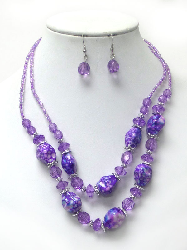 NATURAL SHAPE AND SEED BEAD DOUBLE LAYER NECKLACE EARRING SET