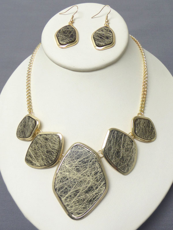 NATURAL SHAPE MULTI STONE LINK AND FIBER PATTERN NECKLACE EARRING SET