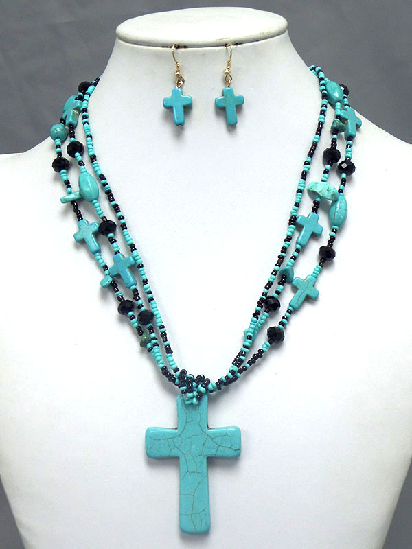 TURQUOISE CROSS PENDANT AND SEED BEAD 3 LAYER CHAIN NECKLACE EARRING SET