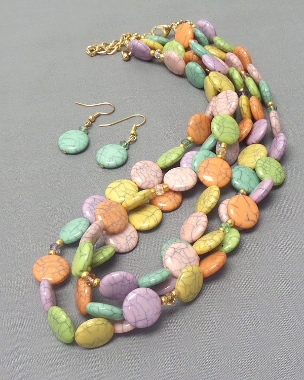 MARBLE PRINT DISK STONE 3 LAYER NECKLACE EARRING SET