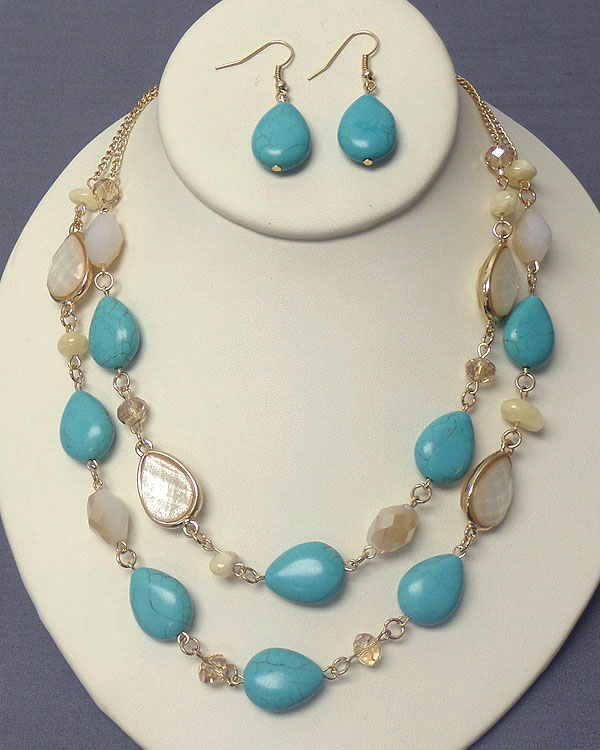 MULTI TEARDROP TURQUOISE AND ACRYLIC STONE DOUBLE LAYER NECKLACE EARRING SET