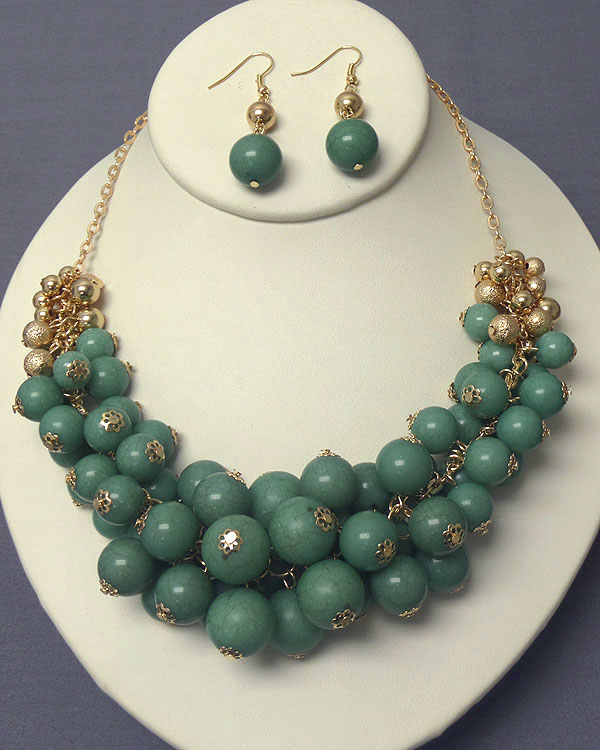 MULTI FAUX BALL CLUSTER BOLD STATEMENT NECKLACE EARRING SET