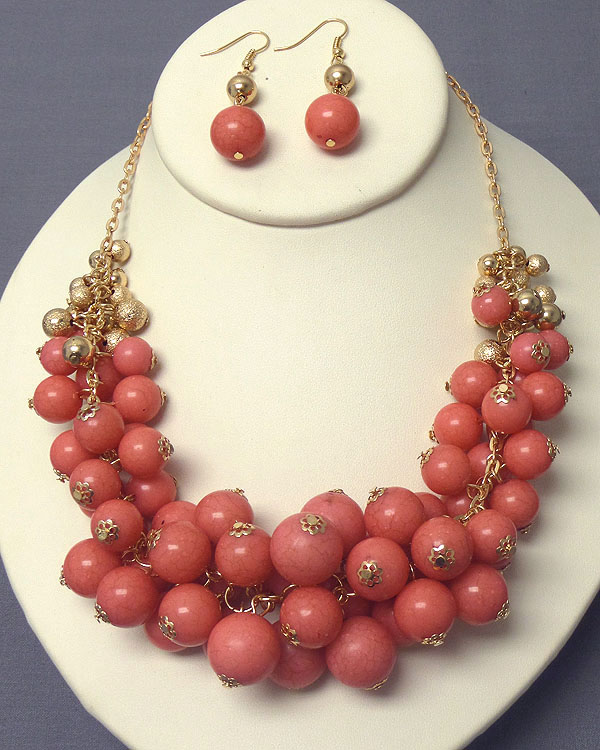 MULTI FAUX BALL CLUSTER BOLD STATEMENT NECKLACE EARRING SET