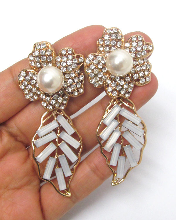 CRYSTAL AND CENTER PEARL DECO FLOWER AND LEAF DROP EARRING