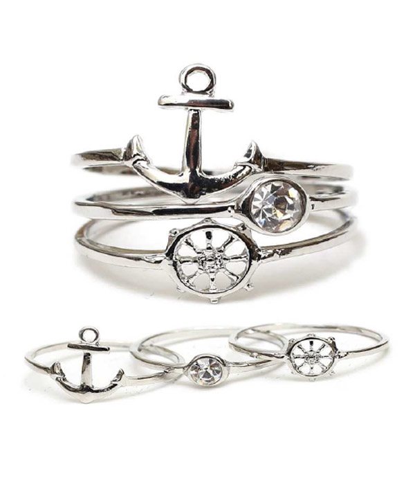 NAUTICAL ANCHOR AND WHEEL MULTI STACKABLE RING COMBO SET OF 3